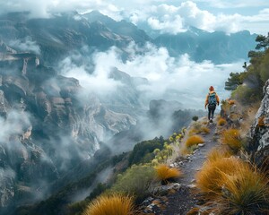 Hiker navigating a narrow path along a misty mountain landscape