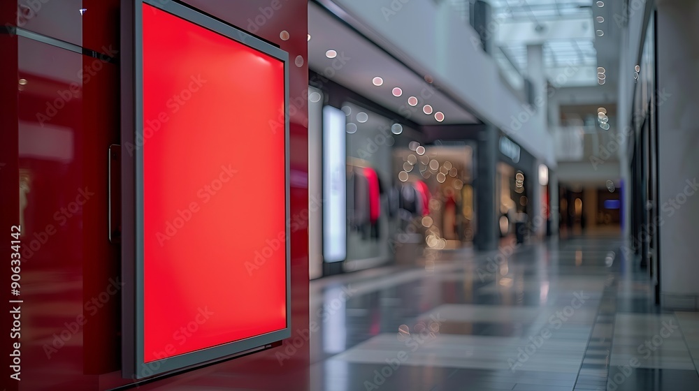 Poster red blank sign inside shopping mall mock up advertise display frame setting over the clothes line in the shopping department store for shopping business fashion and advertisement conce : Generative AI