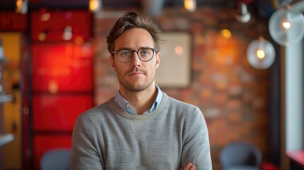 Fototapeta premium Confident man with glasses in modern office with red accents, ambient lighting, and exposed brick. Professional workspace environment.