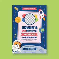 Space birthday party invitation flyer template with cat astronaut, moon, rocket vector illustration © envastudio