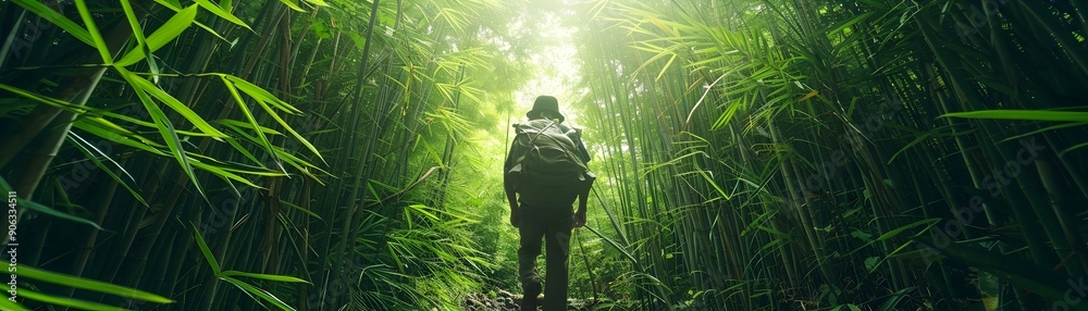 Poster hiker exploring lush bamboo forest with filtered sunlight