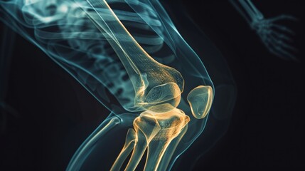 Detailed X-ray Image of a Human Knee Joint with Bone and Ligament Structures. Concept of Medical Imaging, Anatomy Study, Orthopedics, Skeletal System