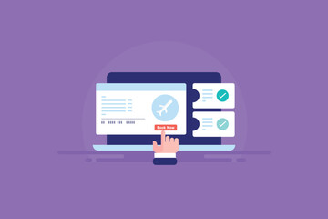 Buy air tickets from online travel website, booking airplane ticket reservation service, business trip conceptual vector illustration.