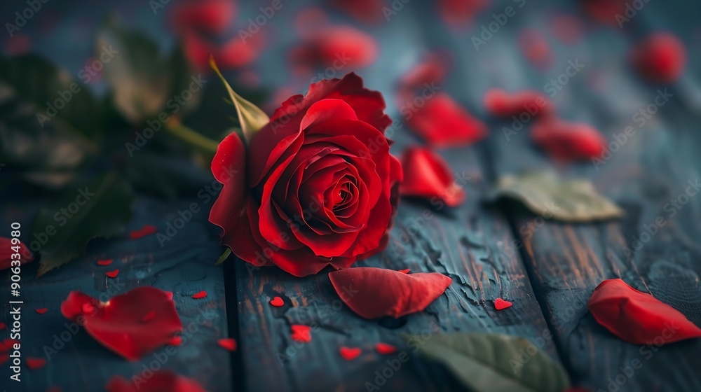 Poster valentine day composition with rose flower and red heart on table top view flat lay copy space holid