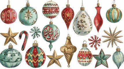 Set of Christmas Ornaments Illustration on White Background. Concept of Holiday Decorations, Festive Decor, Traditional Holiday Symbols, Winter Celebration. White background
