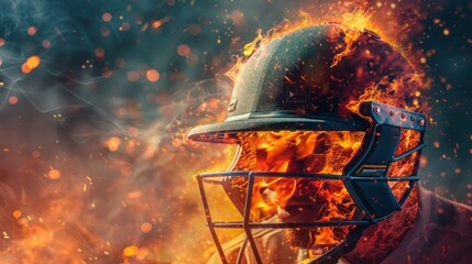 Dynamic cricket helmet engulfed in flames for science fiction-inspired cricket league poster, intense cricket tournament banner, and exciting cricket match promotion