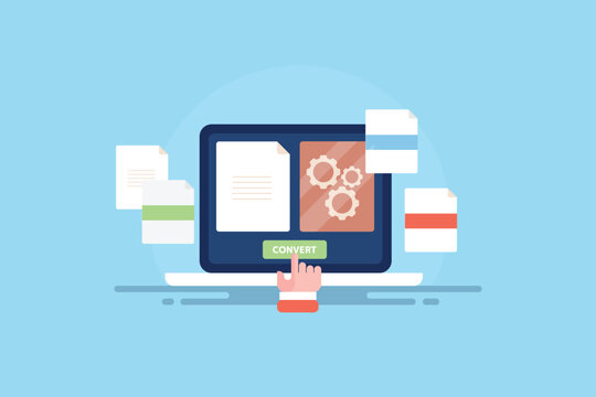 Online file convert tool, multiple document format e-book, presentation, PDF business software technology vector illustration.