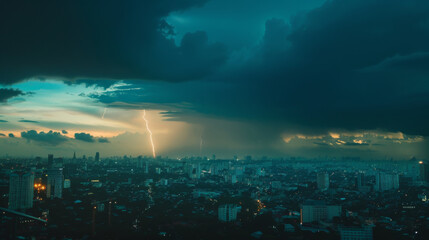 A dramatic cityscape highlighted by a bolt of lightning splitting the twilight sky, capturing nature's raw power.