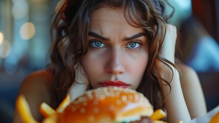 Naklejka premium Anxiety And Fried Foods or depression caused by eating foods that you fry and unhealthy nutrition is connected to emotional and mood altering mental health issues : Generative AI
