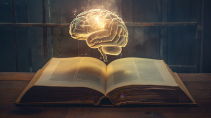 An open book with a glowing 3D brain hologram floating above it, symbolizing knowledge and intellectual enlightenment.