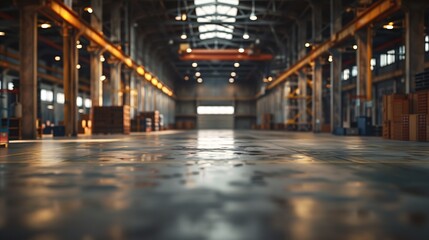 Warehouse interior blurred Empty warehouse without anyone Old warehouse interior without shelving Spacious hangar with metal roof Storage room with forklift Rental industrial premises  : Generative AI