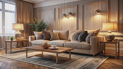 Cozy living room interior with a plush sofa, elegant coffee table, and soft lighting, Cozy, living room, interior design