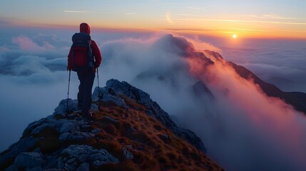 Fototapeta premium Hiker Reaches the Summit of a Mountain at Dawn Landscape Illuminated by First Light