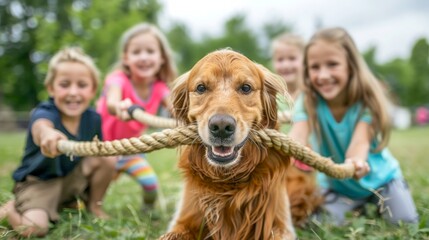 Kids Playing Tug of War with Dogs in Sunny Backyard. Concept of Childhood Joy, Outdoor Fun, Pet Companionship, Summer Activities