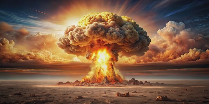 Explosion of an atom bomb with fire, dust, and smoke on background, atom bomb, blast, explosion, fire, dust, smoke, nuclear
