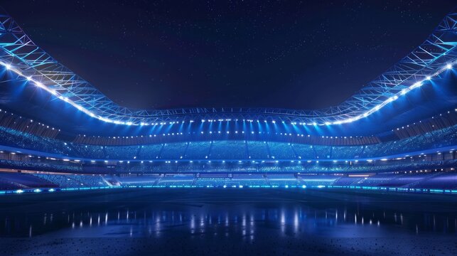 3d rendering of illuminated nighttime stadium with bright stadium lights and empty seats in a high-tech sports arena setting, perfect for sports events, night games, and modern architectural visualiza