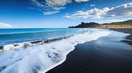 Naklejka premium Peaceful black sand beach with blue ocean and distant rock formations