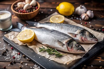 Delicious healthy fish.Raw sea bass with lemon and ingredients on a dark background. Banner, menu, place for recipe text, top view.