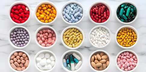 Various pills and capsules mixed together. Rows of drugs in drugstore