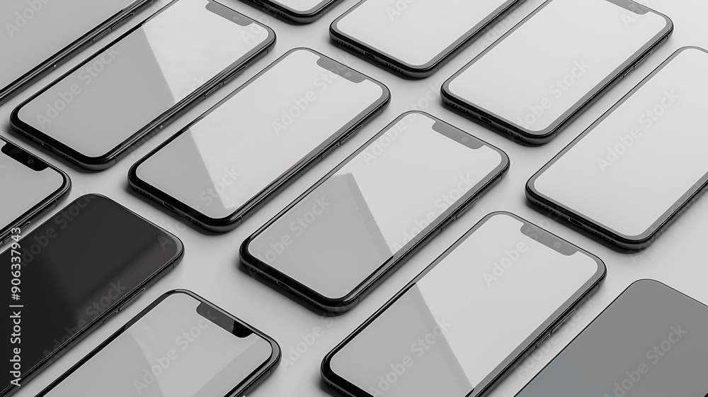 Poster flat rays collection of smartphone mockup blank screen isolated with clipping path on white background : Generative AI