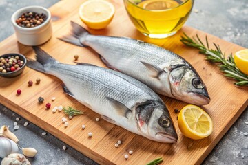 Delicious healthy fish.Raw sea bass with lemon and ingredients on a dark background. Banner, menu, place for recipe text, top view.
