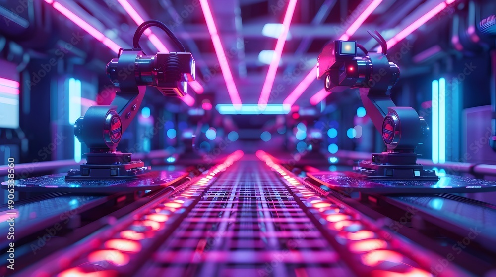 Poster futuristic assembly line with robotic arms building advanced electronics in high tech factory settin
