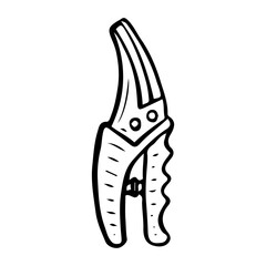 Garden tool pruner hand drawn in doodle style. Hobby gardening. Pruning branches. Trimming trees. Vector line art illustration.