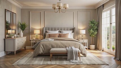 Cozy bedroom interior with soft neutral tones and plush bedding, Cozy, bedroom, interior, soft, neutral, tones, plush, bedding