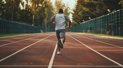 Obraz premium Fit man running on a trail through a dense forest at sunrise, showcasing determination and endurance in outdoor fitness, perfect for health and wellness themes, athletic training, and motivational con