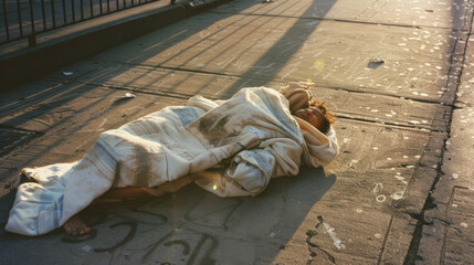 A person sleeps on a sunlit sidewalk, wrapped in blankets, exuding a raw and poignant visual of urban life.