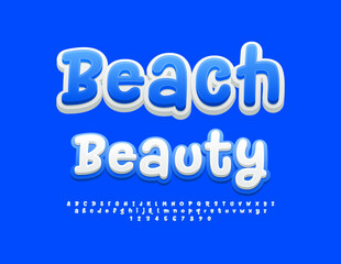 Vector playful advertisement Beach Beauty. White and Blue Bright Font. Funny Alphabet Letters and Numbers set.