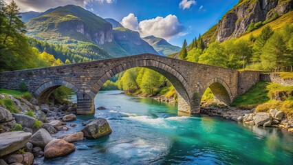 Stone bridge over blue river in mountain landscape, stone, semi-arch, bridge, river, blue water, mountains, scenic, beautiful