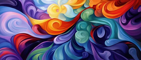 Fototapeta premium Abstract Colorful Swirls Painting with vibrant, flowing shapes in various hues. The artwork showcases dynamic, fluid patterns blending together.