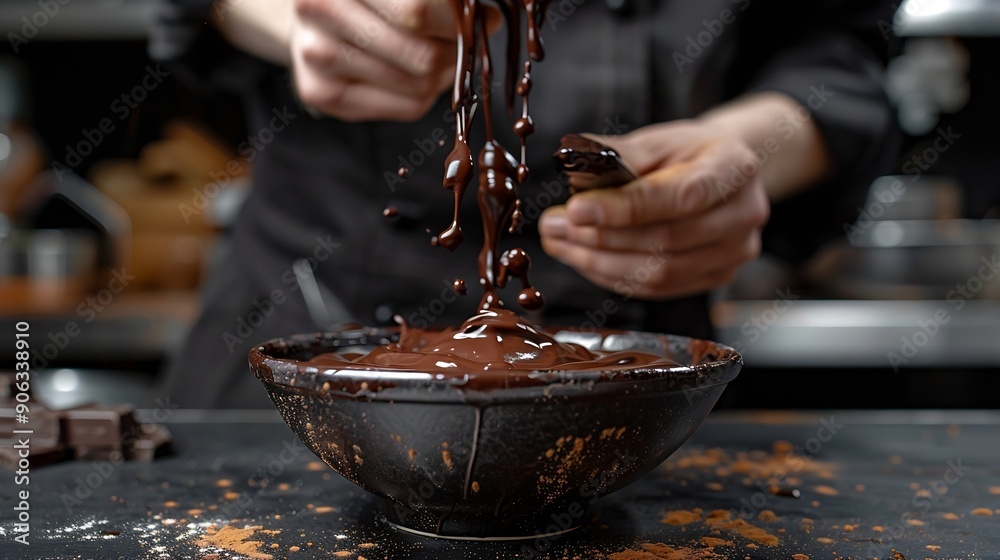 Poster the chef scoops hot chocolate into a bowl on a black background preparation of chocolate : generativ