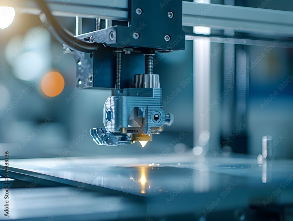Poster close up of 3d printer creating intricate components with precision and illumination