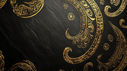 Naklejka premium A black background with gold paisley patterns. The rich gold detailing adds a touch of exotic elegance to the sophisticated black surface.