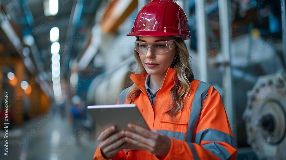 Poster female engineer with digital tablet at construction site factory foreman worker in hardhat at the pr