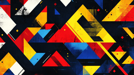 A vibrant geometric pattern with interlocking triangles in bold shades of red, blue, and yellow, creating a dynamic and eye-catching design.