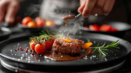 Chef presenting a gourmet dish with fresh ingredients on a black plate : Generative AI