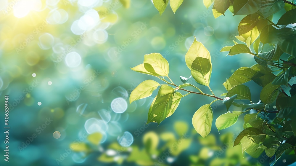 Aufkleber summer background of blue and green blurred foilage and sky with bright bokeh blurry abstract summer