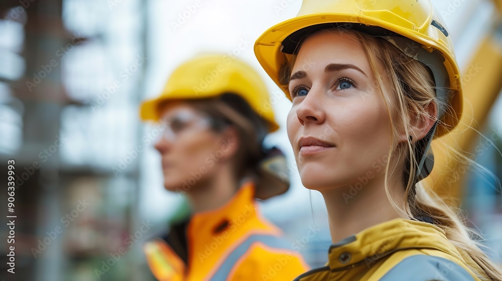 Poster Engineer and female foreman worker team checking project at precast factory site Engineer and builders in hardhats discussing on construction site : Generative AI