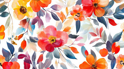 An artistic seamless watercolor floral pattern featuring a mix of wildflowers and leaves in bold, vibrant colors, creating a striking and dynamic design.