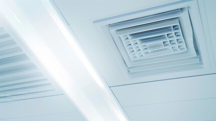 A close-up of a modern ceiling with sleek, geometric air vents and fluorescent lighting in an office or commercial building.