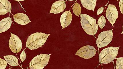 Lavish pattern design with gold and ivory leaves set against a rich crimson background, creating a striking and sophisticated look.