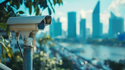Group of IP CCTV camera were installed on the post for monitor people in the urban city by security system concept with blue sky and city scape background copy space : Generative AI