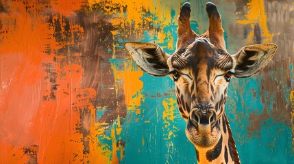 A giraffe's face, with its distinctive pattern and gentle gaze, framed against a vibrant, multicolored wall, blending natural grace with urban vibrancy in a striking composition