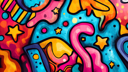 Obraz premium A vibrant doodle art header with a mix of hand-drawn shapes and textures, including squiggles, stars, and dots, in bright, cheerful colors.
