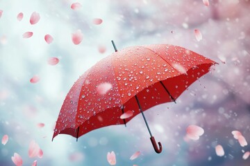 3d render of red umbrella with water drops on it flying in the air, cherry blossom petals around,