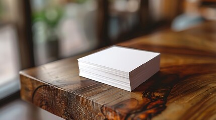 From above white business card stack template placed on brown background : Generative AI