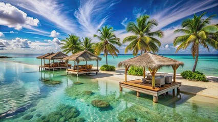 Tropical beach oasis with water stalls set up alongside the ocean , tropical, beach, oasis, water stalls, ocean